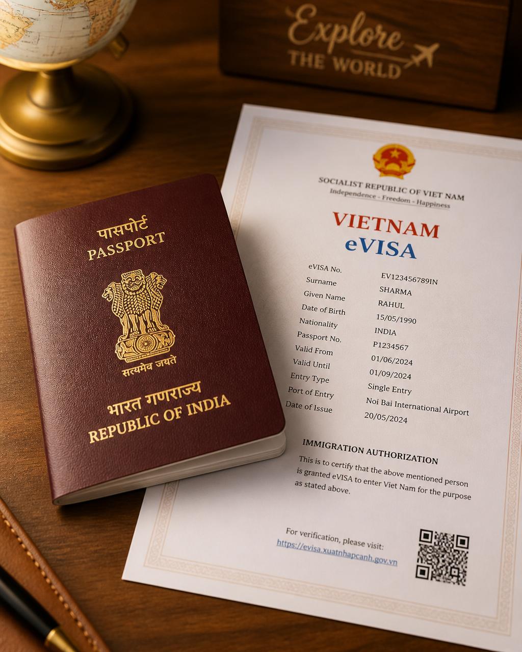 Indian passport with travel stamps and boarding pass on a wooden desk